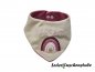 Preview: Wende Halstuch: Vorderseite: Jersey beigeRegenbogen bordeauxe-altrosa-rosa-creme Herz und Namen rosa und 3 kleinen Herzen altrosa, Rückseite: Jersey altrosa, Duckknopf rosa